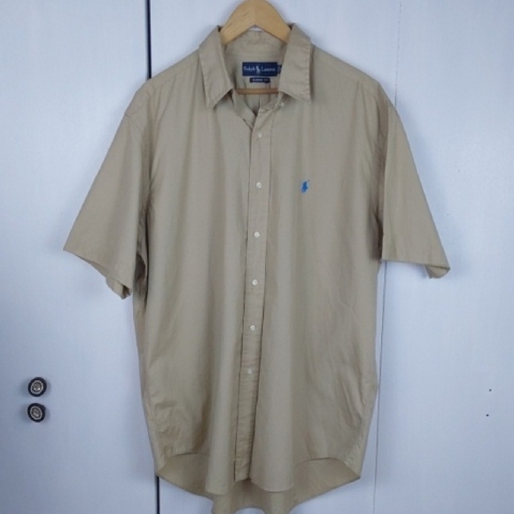 Ralph Lauren Men's Tan/ Khaki Short Sleeve Shirt Neutral Blue Pony Comfort Sz.XL - Picture 1 of 9